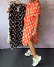 Women's midi shirt dress summer - Polka dots and short sleeves