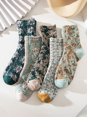 Dames Gebreide Sokken (5 Paar) | Bloemen Print Sokken | Winter Set | Ideaal als Cadeau