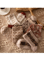 Dames Gebreide Sokken (5 Paar) | Bloemen Print Sokken | Winter Set | Ideaal als Cadeau