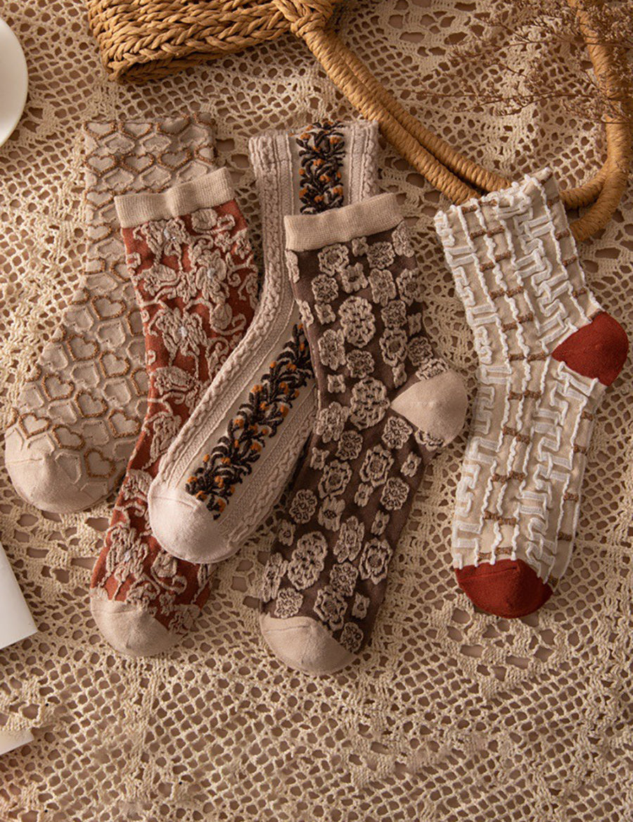 Dames Gebreide Sokken (5 Paar) | Bloemen Print Sokken | Winter Set | Ideaal als Cadeau
