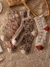Dames Gebreide Sokken (5 Paar) | Bloemen Print Sokken | Winter Set | Ideaal als Cadeau
