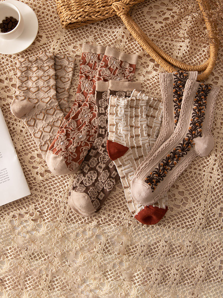 Dames Gebreide Sokken (5 Paar) | Bloemen Print Sokken | Winter Set | Ideaal als Cadeau