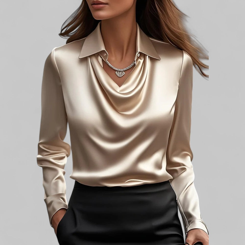 Women's satin blouse with draped neckline