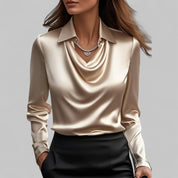 Women's satin blouse with draped neckline