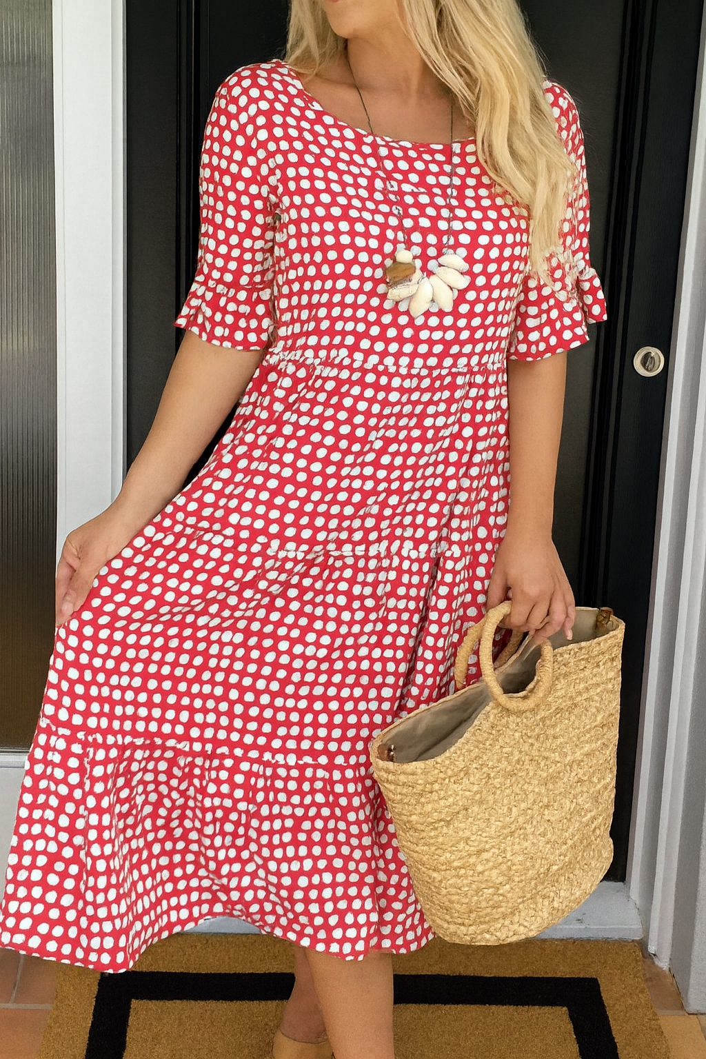 Dames zomerjurk midi met korte mouwen en ronde hals