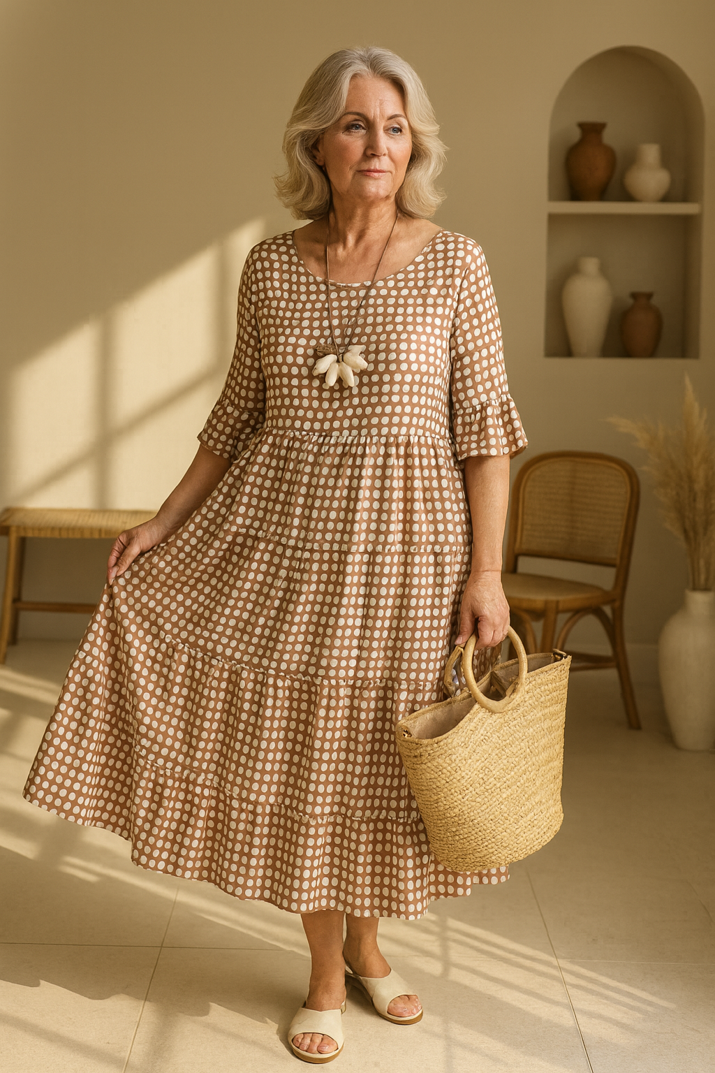 Dames zomerjurk midi met korte mouwen en ronde hals