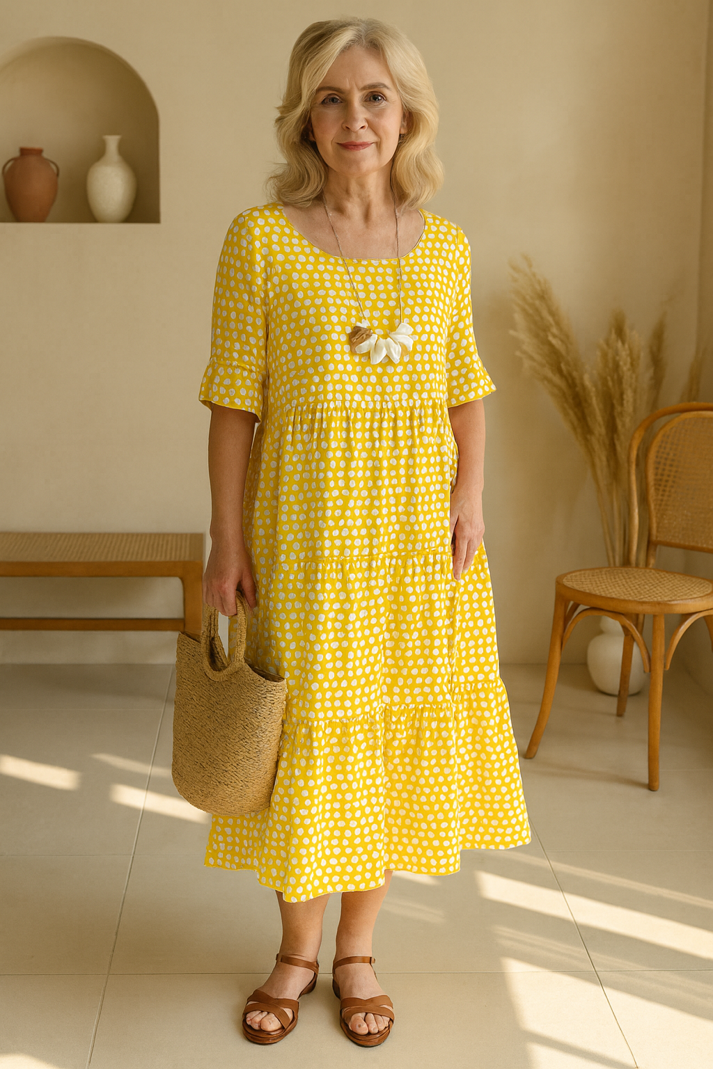 Dames zomerjurk midi met korte mouwen en ronde hals