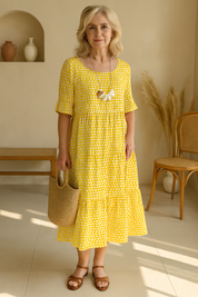 Dames zomerjurk midi met korte mouwen en ronde hals