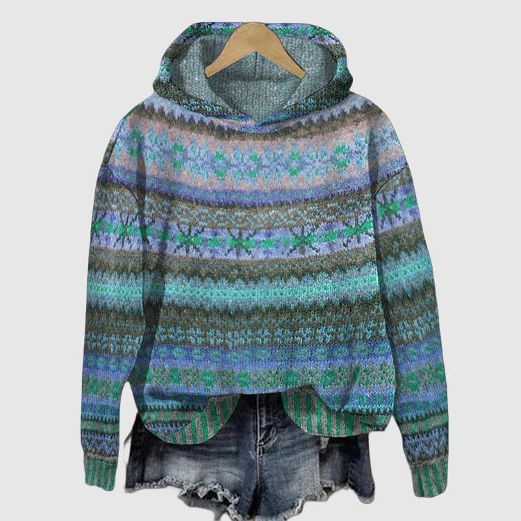 Dames Gebreide Hoodie met Meerkleurig Patroon | Trui met Capuchon en Loose Fit