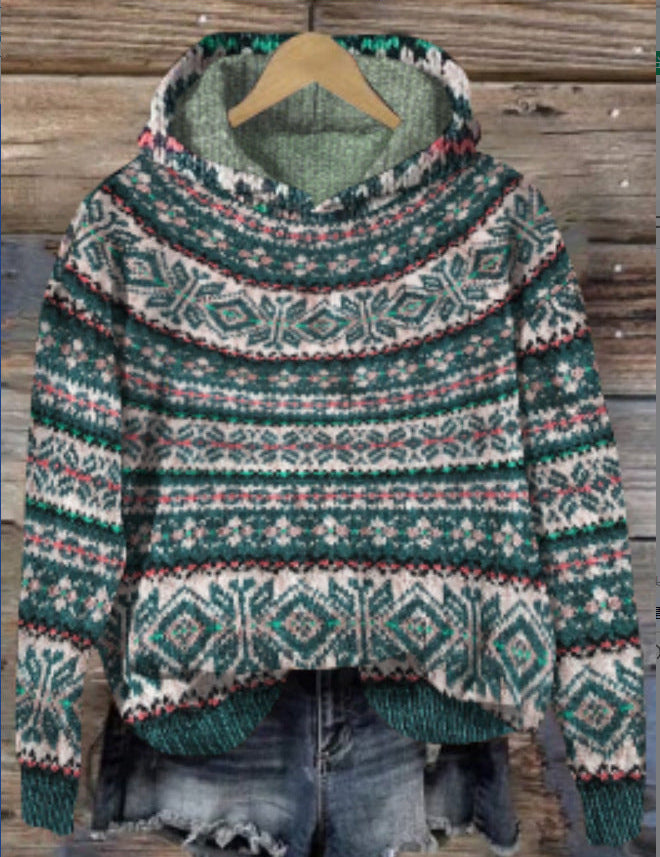 Dames Gebreide Hoodie met Meerkleurig Patroon | Trui met Capuchon en Loose Fit
