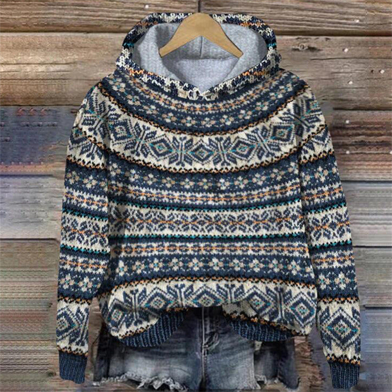 Dames Gebreide Hoodie met Meerkleurig Patroon | Trui met Capuchon en Loose Fit