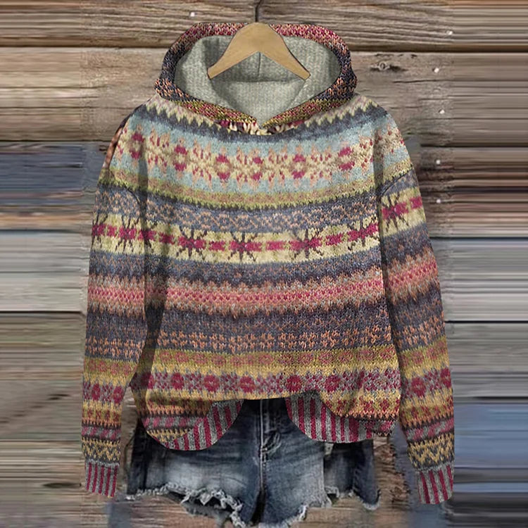 Dames Gebreide Hoodie met Meerkleurig Patroon | Trui met Capuchon en Loose Fit