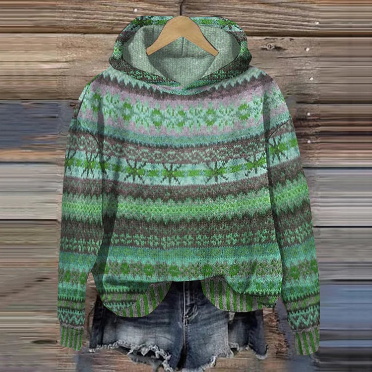 Dames Gebreide Hoodie met Meerkleurig Patroon | Trui met Capuchon en Loose Fit
