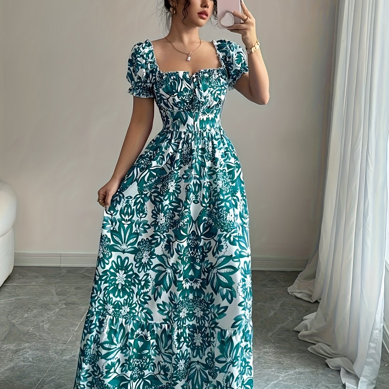 Dames zomerjurk maxi met print en korte pofmouwtjes
