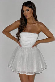 Feestelijke dames glitterjurk | Strapless en kort