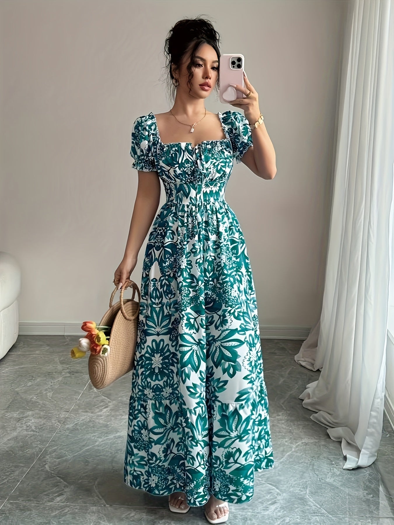 Dames zomerjurk maxi met print en korte pofmouwtjes