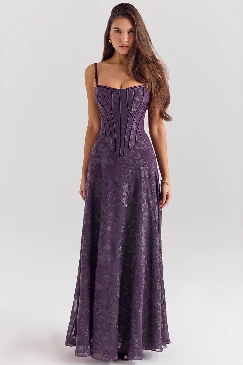 Dames avondjurk chiffon off-shoulder maxi - Paars en zwart