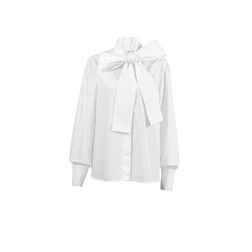 Witte Cropped Blouse Dames met Strikdetail | Lange Mouw en Hoge Kraag
