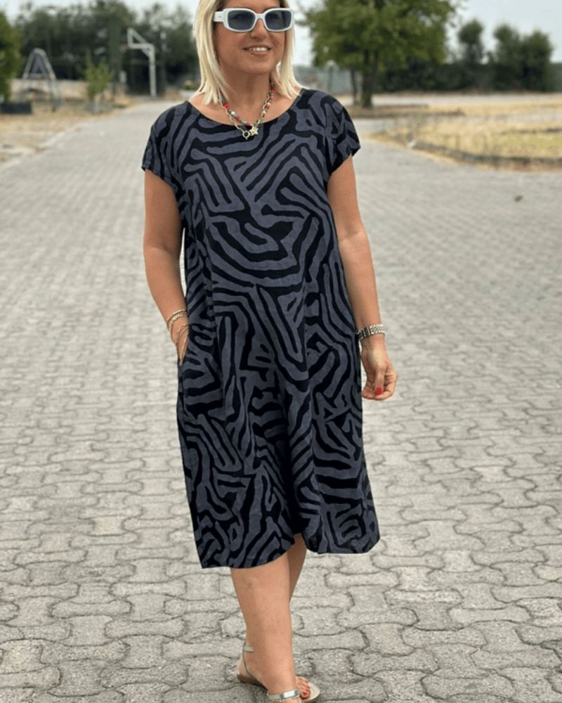 Dames zomerjurk met ronde hals en print A-lijn