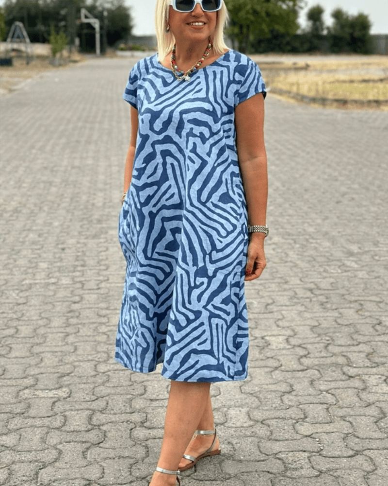 Dames zomerjurk met ronde hals en print A-lijn