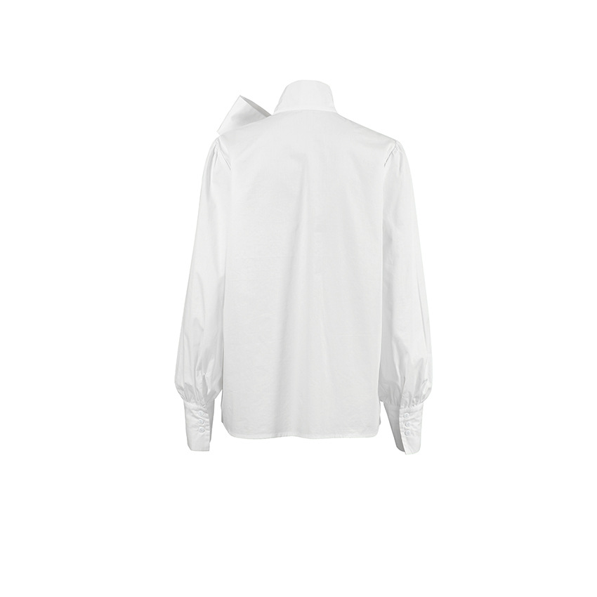 Witte Cropped Blouse Dames met Strikdetail | Lange Mouw en Hoge Kraag