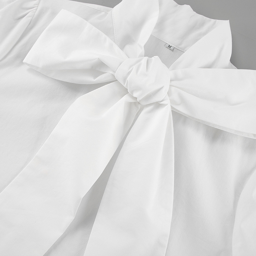Witte Cropped Blouse Dames met Strikdetail | Lange Mouw en Hoge Kraag