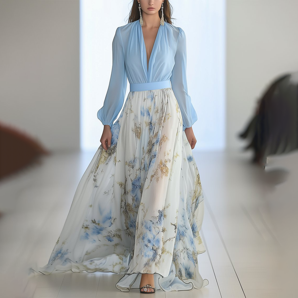 Dames Lange Maxi Jurk met Bloemenprint | V-Hals en Wijde Rok met Transparante Laag