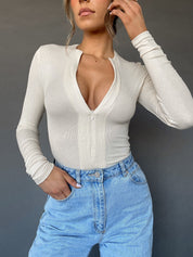 Dames basic top met rits | Slim fit en lange mouwen