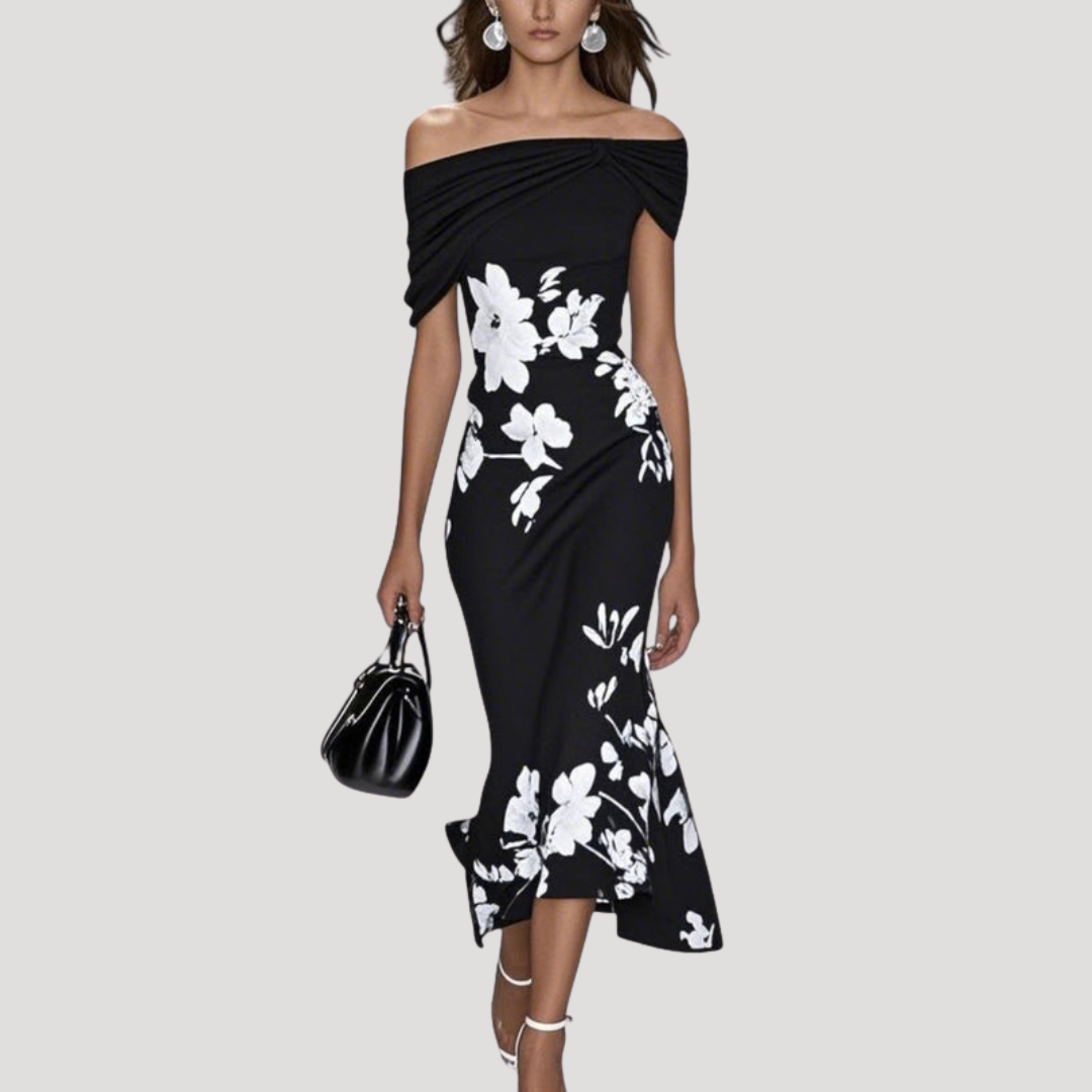Dames zomerjurk midi off-shoulder met bloemenprint