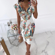 Dames zomerjurk midi met V-hals en korte mouwen