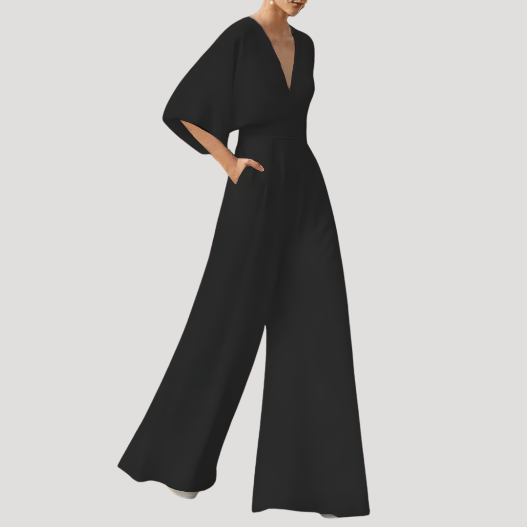 Dames zomerjumpsuit met V-hals en wijde pijpen