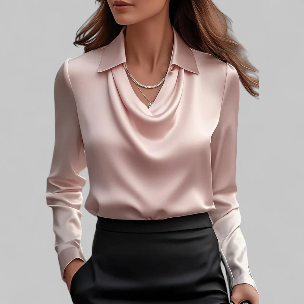 Women's satin blouse with draped neckline