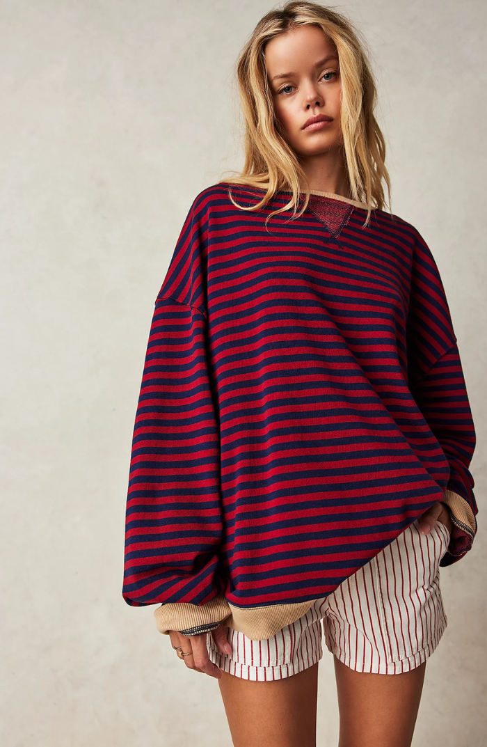 Dames Oversized Sweater met Streepdessin | Ruime Trui met Contrasterende Hals