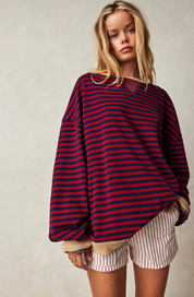 Dames Oversized Sweater met Streepdessin | Ruime Trui met Contrasterende Hals