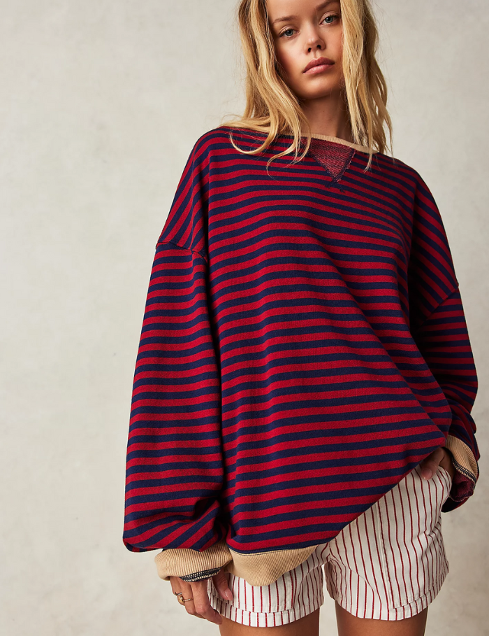 Dames Oversized Sweater met Streepdessin | Ruime Trui met Contrasterende Hals