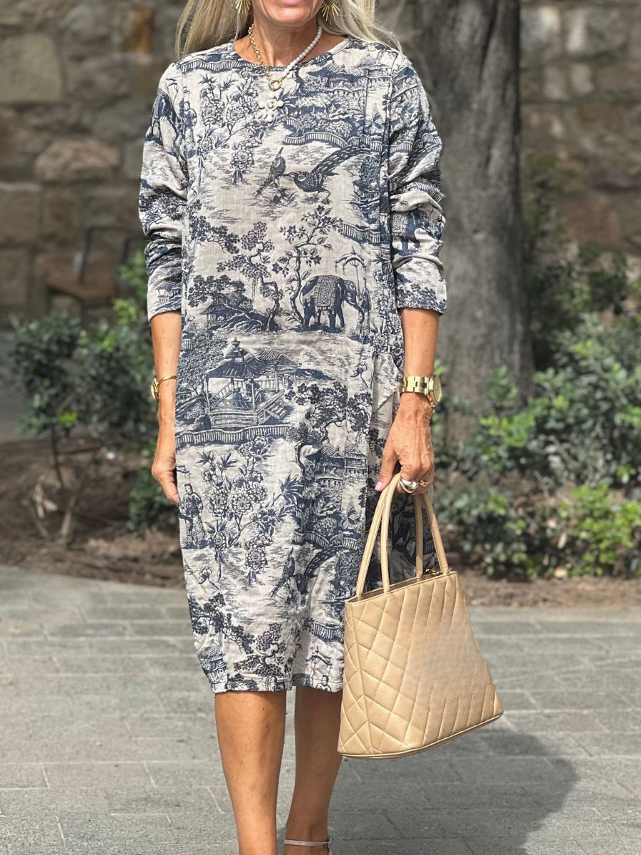 Dames midi jurk met vintage print en lange mouwen
