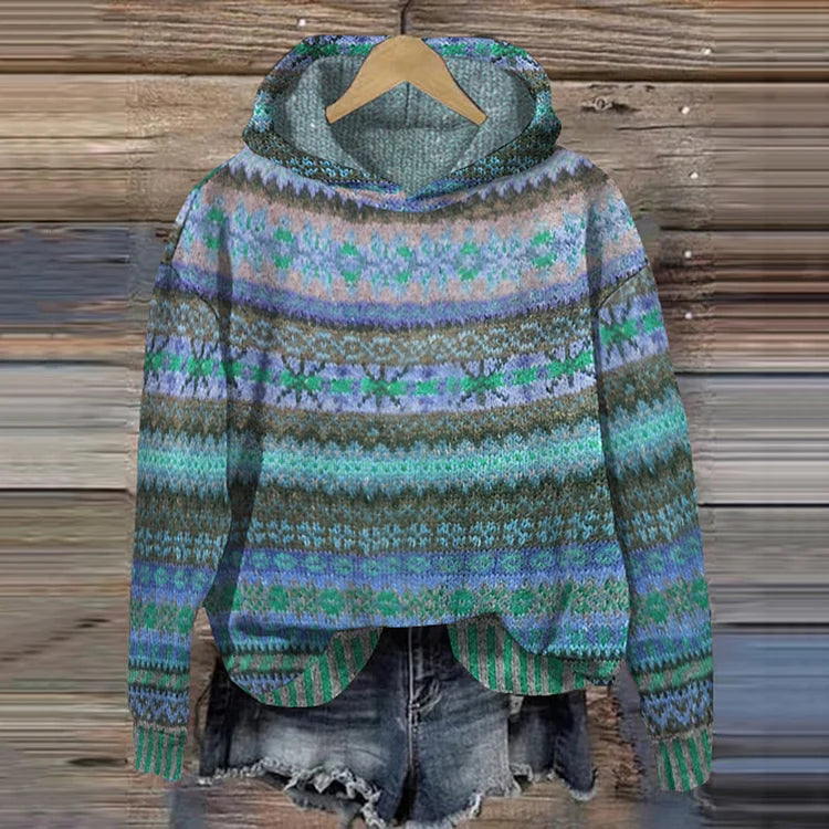 Dames Gebreide Hoodie met Meerkleurig Patroon | Trui met Capuchon en Loose Fit