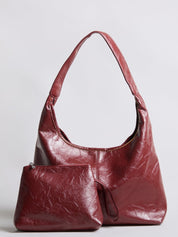 Grote Dames Schoudertas Glanzende Afwerking | Ruime Leren Look Tas met Pouch