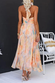Dames zomerjurk maxi met halterneck en open rug - Oranje met print