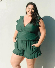 Women's swimsuit V-neck with built-in shorts and bra