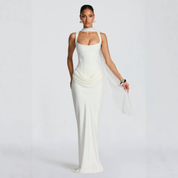 Women's evening dress with square neckline and pleated maxi silhouette