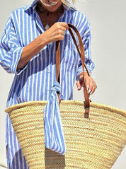Dames Lange Overhemdjurk met Strepen | Shirt Dress met Knoopsluiting en Ceintuur