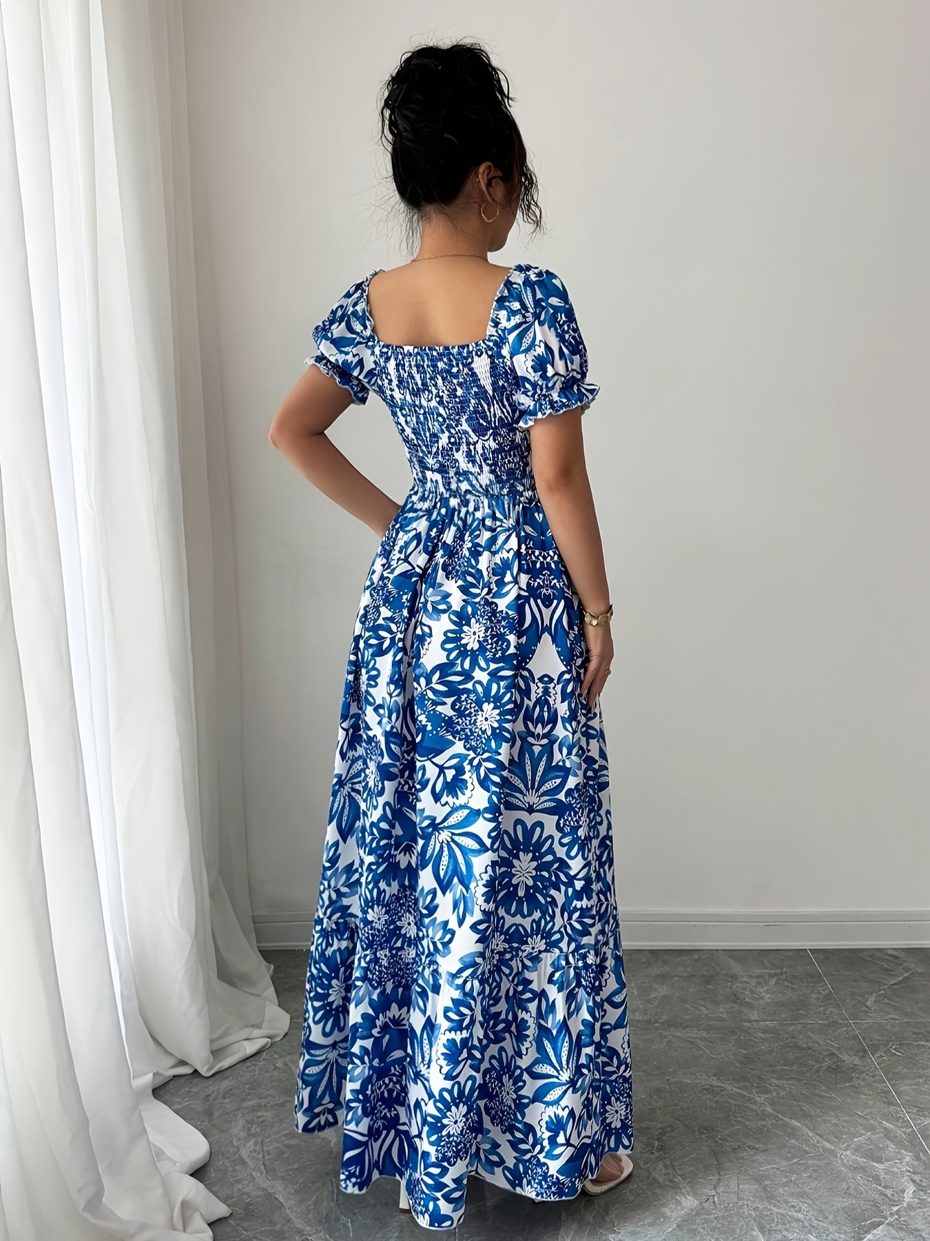 Dames zomerjurk maxi met print en korte pofmouwtjes