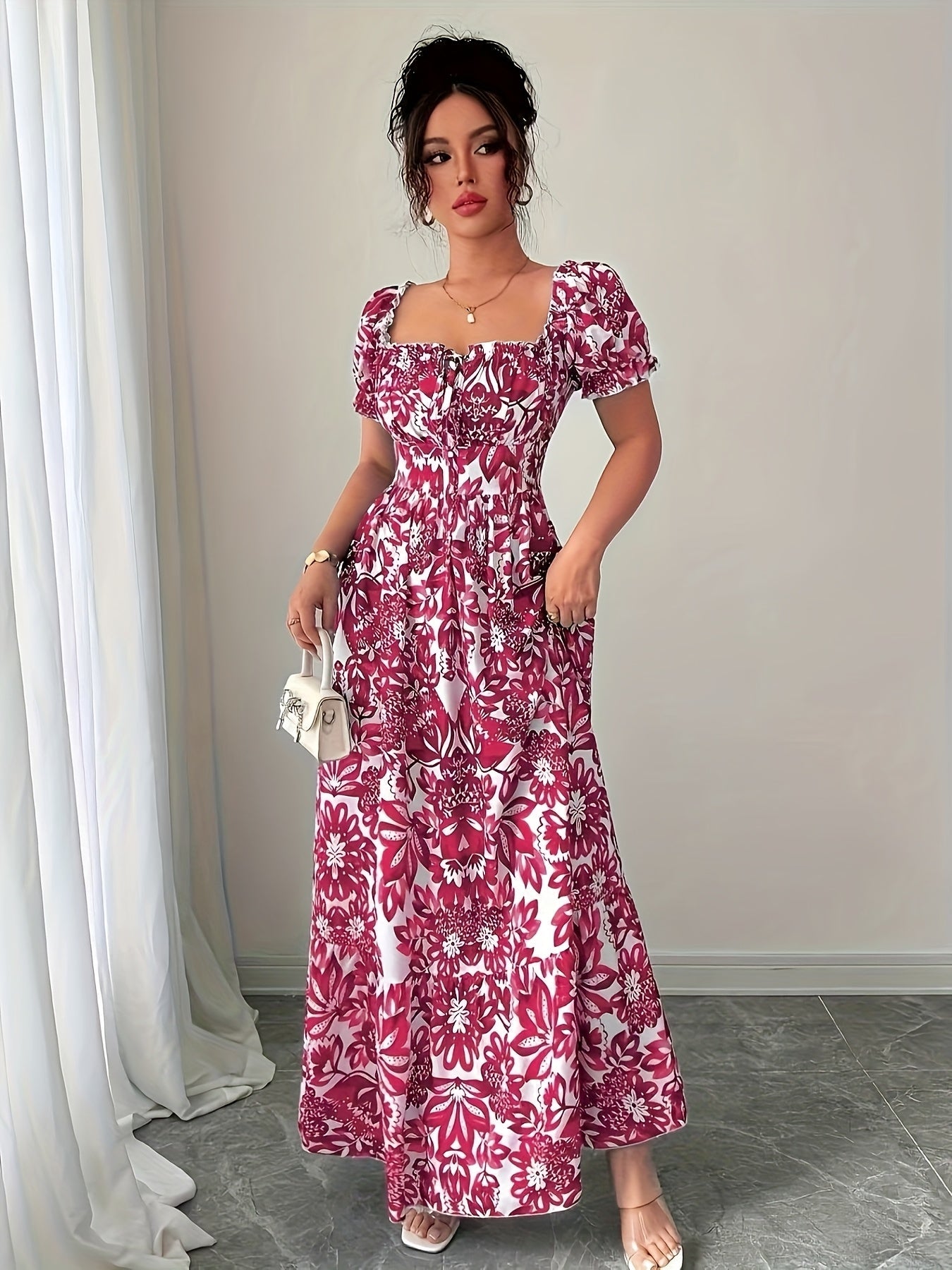 Dames zomerjurk maxi met print en korte pofmouwtjes