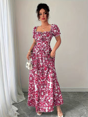 Dames zomerjurk maxi met print en korte pofmouwtjes