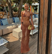 Dames zomerset bruin met leopardprint bikini en lange rok