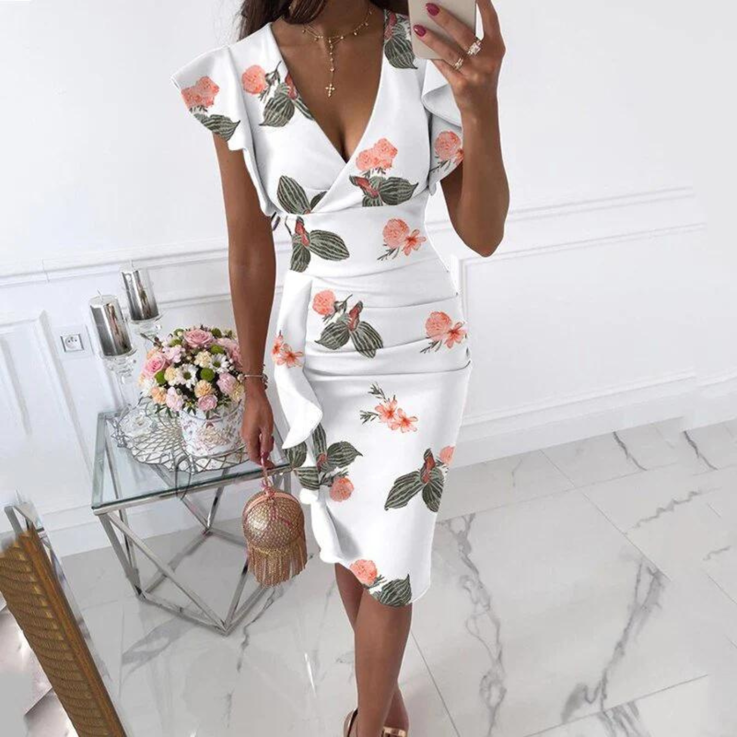 Dames zomerjurk midi met V-hals en korte mouwen