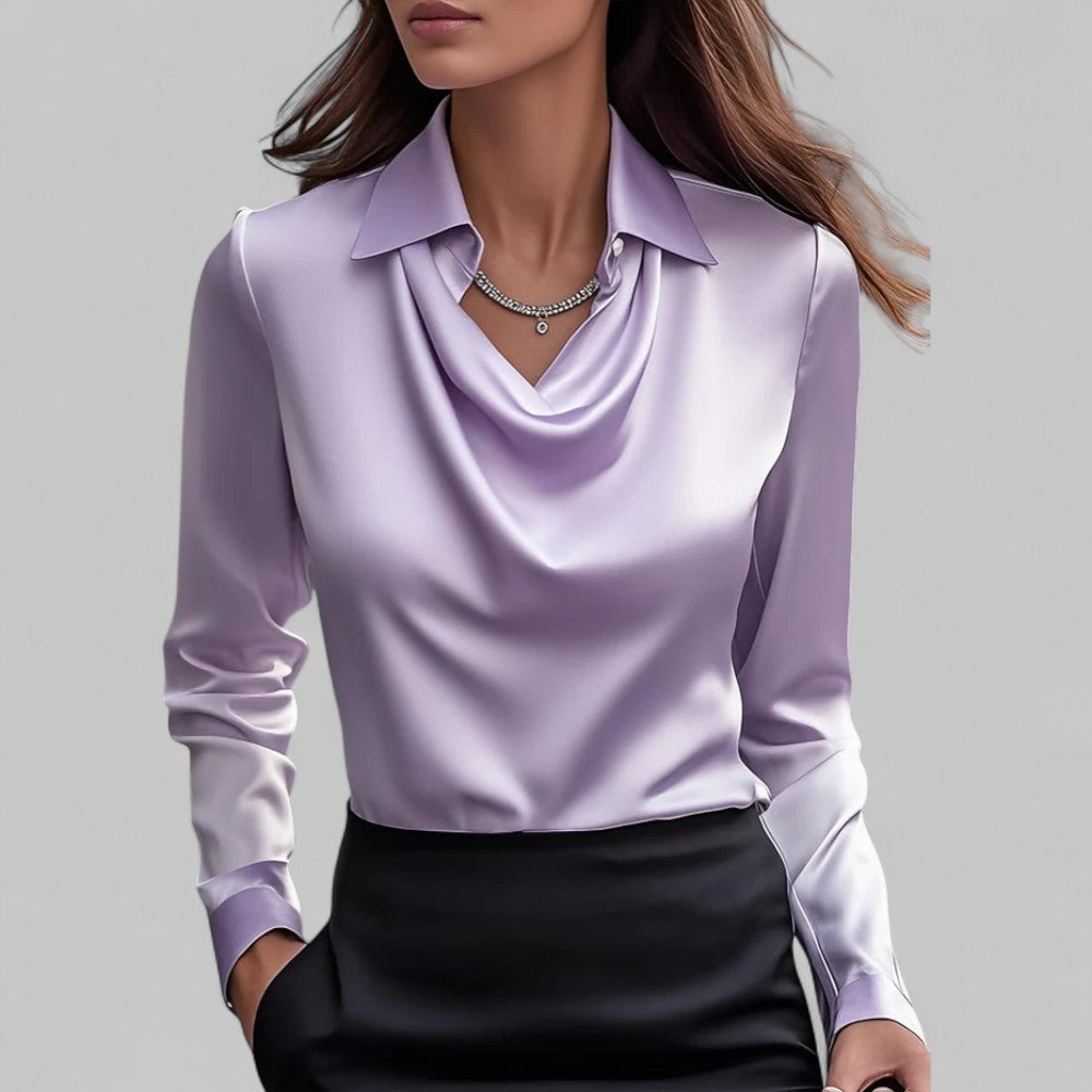 Women's satin blouse with draped neckline