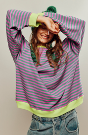 Dames Oversized Sweater met Streepdessin | Ruime Trui met Contrasterende Hals