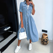 Dames zomerjurk denim met knopen en ceintuur